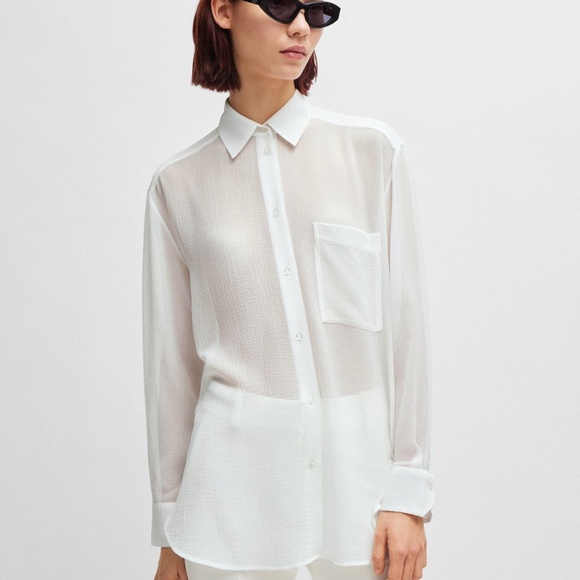 New! Hugo Boss Blouse in Soft Seersuccer with Point Collar, White, Size L/XL - Picture 9 of 9